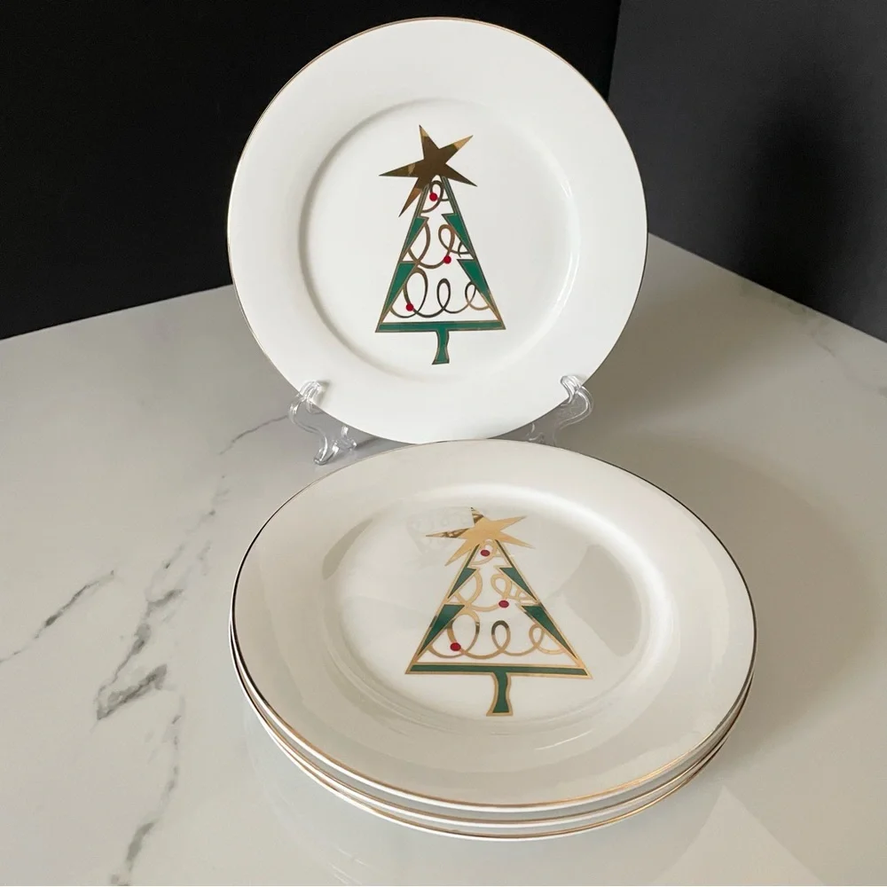SET of 4 Green Christmas Tree Salad or Dessert Plates by Pier 1